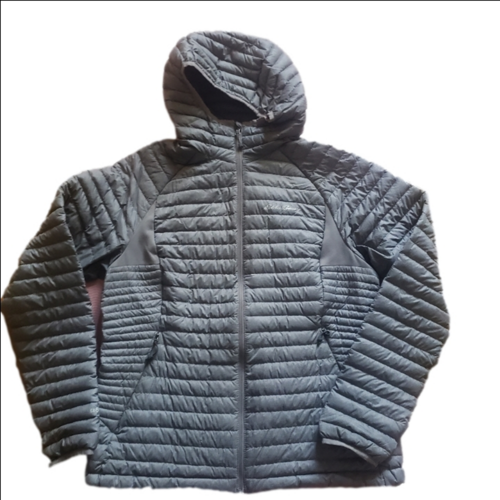 Women's Large Eddie Bauer Down Coat BROKEN ZIPPER Grey Hooded Jacket